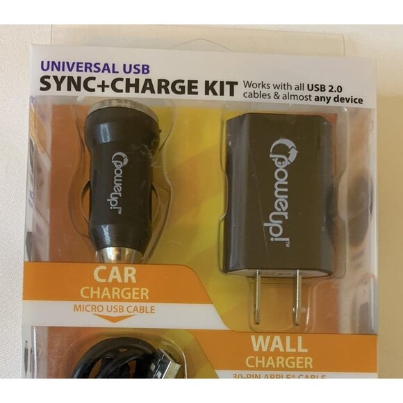 PowerUp Universal USB Sync+Charge Kit Car and Wall Chargers Micro USB 30-Pin NEW - Picture 3 of 8